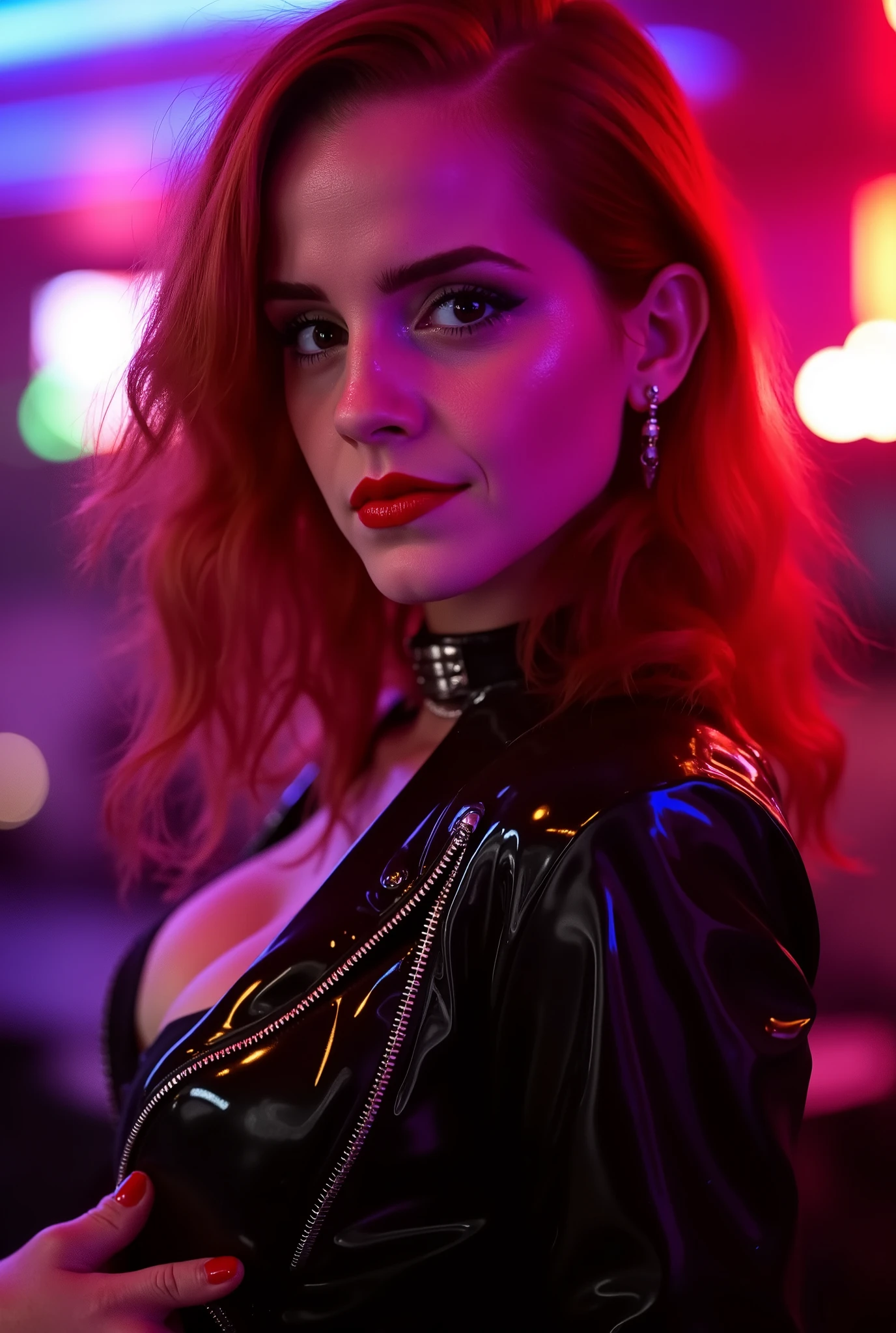 portrait, redhead, she is wearing shiny red lip gloss and thick eyeliner flicks, looking directly at the viewer, she is wearing a latex cyberpunk outfit, she is standing in a nightclub, the room is brightly lit with neon lights,