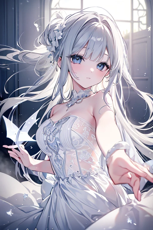 1人、masutepiece、top-quality、Delicate and beautiful、white hair、beautiful and delicate long hair、Long veil、爆乳、Delicate and beautiful white lace dress、Bejeweled dresses、Beautiful garnet-colored eyes、Enchanted breasts、Delicate and beautiful flower garden、Snow falls on top of shimmering snow、Moonlight、nigh sky、Beautiful lace ribbon、Ephemeral atmosphere、Gentle expression、Delicate and fine、4K、high-level image quality、The upper part of the body、Glitter、Sheer dresses
