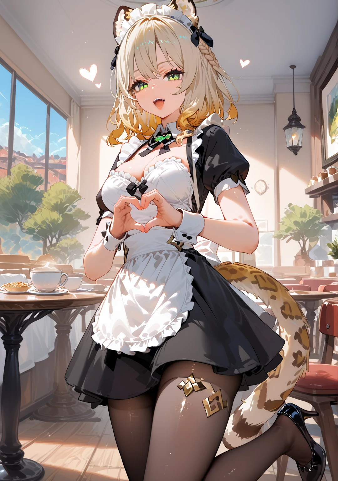 Highest quality, Highest quality, High quality illustrations, masterpiece, Ultra-high resolution, Detailed Background, Absurd, Perfect Anatomy, performance, Good lighting, Shadows in the movies, 1 girl, solo, Xilonen\(genshin_impact\), medium breasts, multicolored hair, blonde hair, green eyes, braid, animal ears, tail, leopard tail, voloptuous, alternate costume, looking the viewer, cafe, teeth grinding, open mouth, maid headdress, maid, puffy short sleeves, wrist cuffs, maid apron, frills, pantyhose, black dress, black footwear, high heels, heart hand, bewitching thighs, gleaming, shiny, shiny skin, shiny outfit