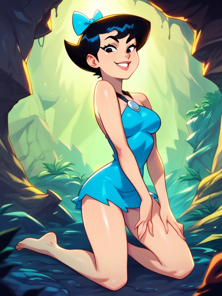 , Kneeling pose, Tiro de Cowboy,  looking at the viewer, detailed background, smile, hands on thighs, cavern,  vegetation , blue walls,
 BettyXLP blue short dress , short hair, Hair bow,  black hair,  black eyes, blue short dress, bare legs,cartoon, 