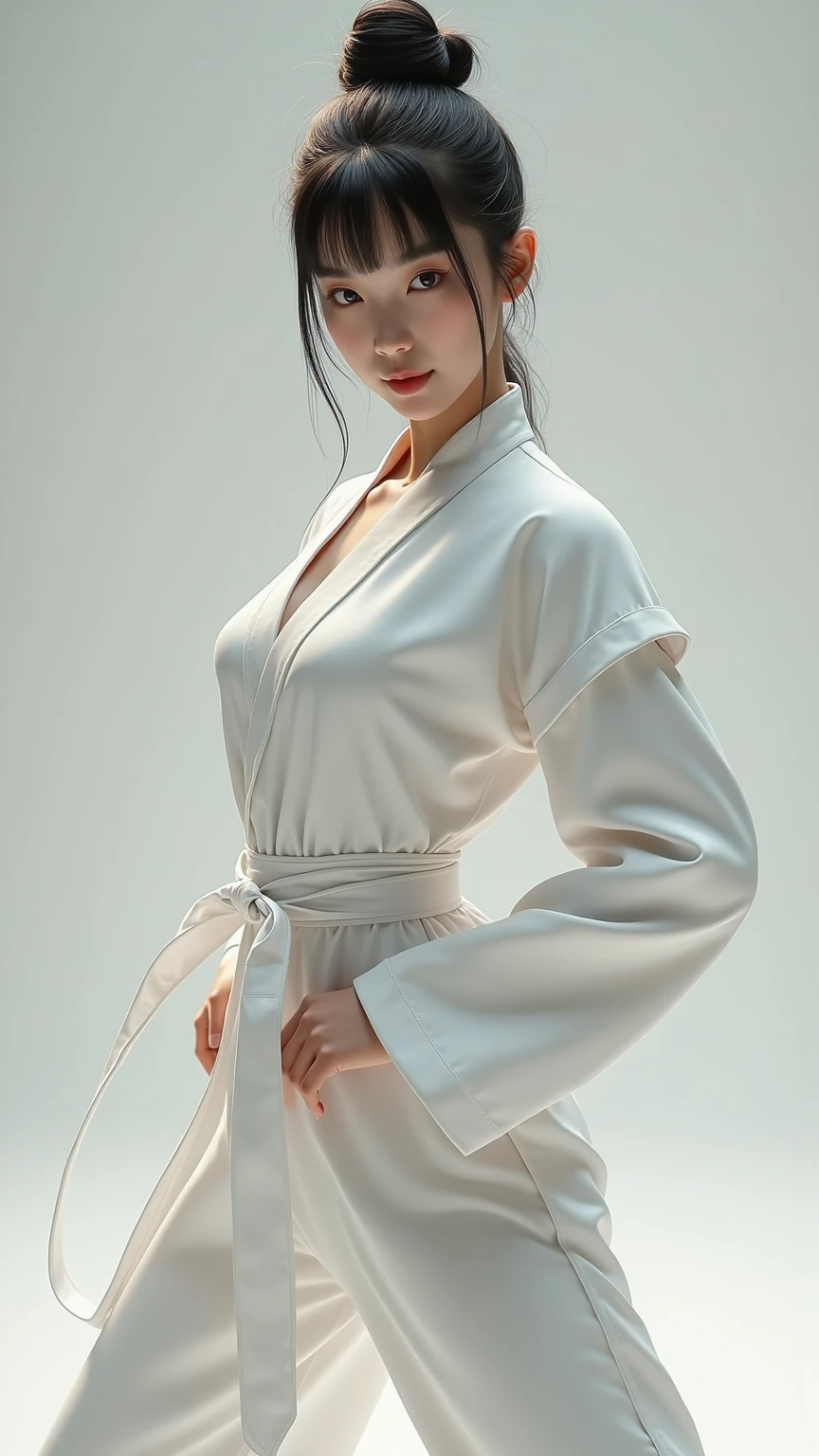 dynamic pose,1girl,pale skin,pink hair,white carnation headband,delicate face,freckles,shy,(black linen kimono:1.3),(wide thigh gap:1.3),(white background),(best quality:1.2,ultra-detailed,realistic:1.37),portrait,soft colors,polished lighting