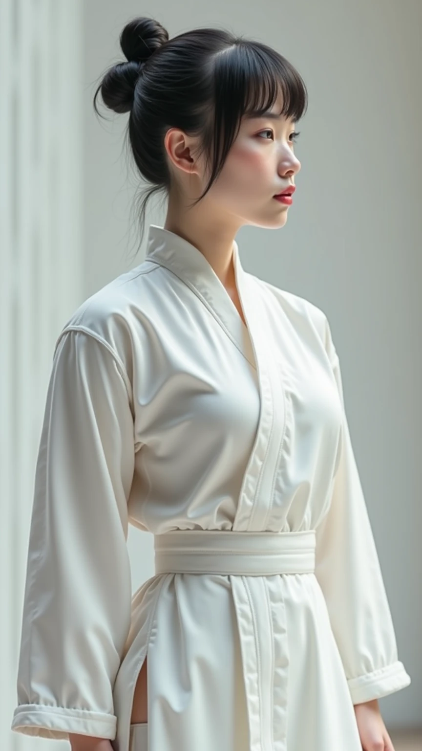(Character: one chinese woman, 40 years old,, high bun in the hair,small smile)
(Clothing: medical coat, gray hakama, flat shoes, with a stethoscope)
(Pose: full body shot:1.7, perfect proportions, (face detailed))
(simple background)
(((masterpiece:1.5)),, photo-realistic:1.3, hyperrealistic, , high contrast, soft lighting)