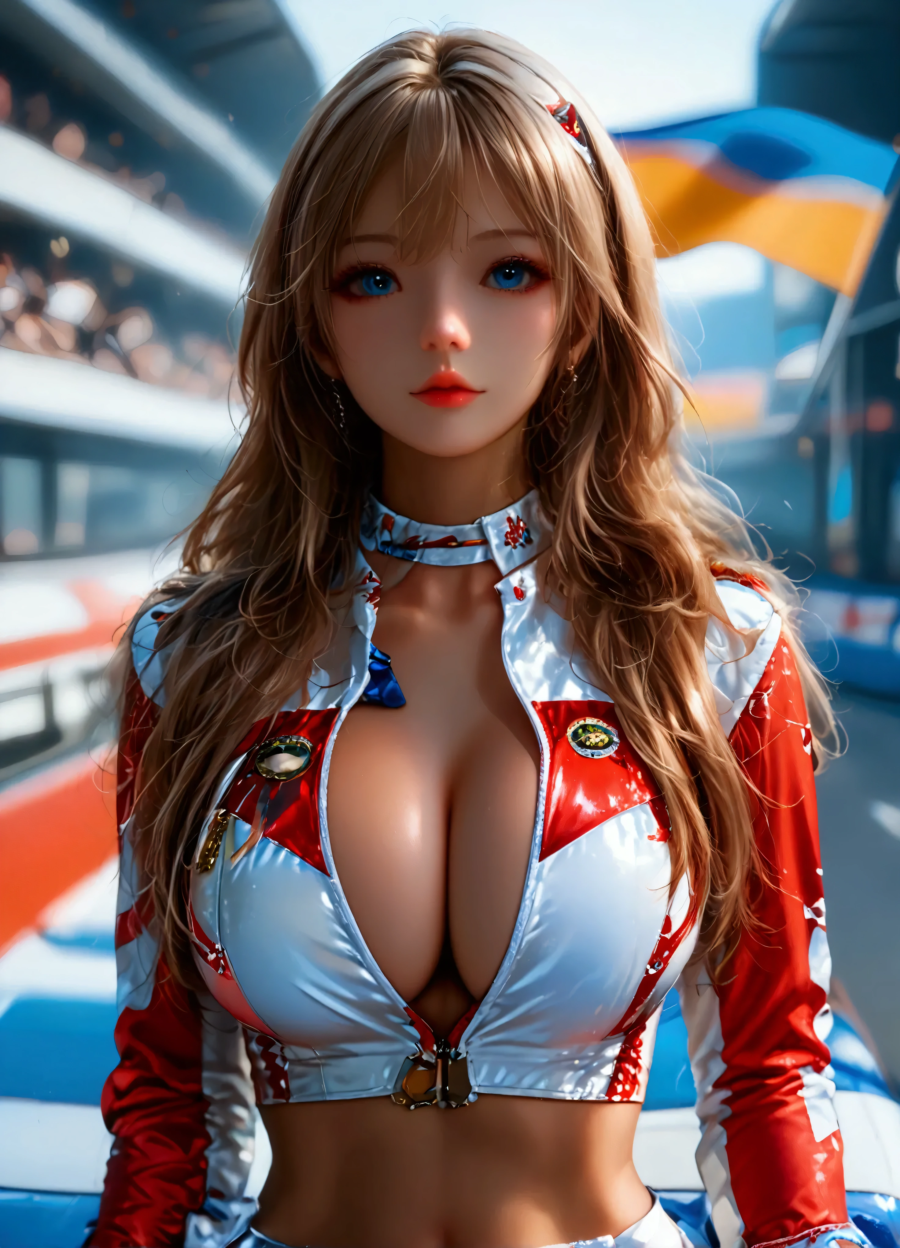 Highest quality, Super quality, 16k, Incredibly absurd, Very detailed, 2.5D, delicate and dynamic, blue sky, Confetti, Racing Car, flag, Small face, Extremely delicate facial expression, Delicate eye depiction, Extremely detailed hair, full body shot, erotic, sole sexy lady, healthy shaped body, 22 years old lady, Race Queen, 170cm tall,  ((large breasts:1.2), (huge breasts:1.2), (Uplifted and well-defined bust:1.2), (lifted chest:1.2), (perky breasts :1.2),(deep cleavage:1.4), sexy long legs,, Glowing Skin, , Flashy Race Queen costume, blue tight skirt, white leather long boots, standing nest to the Formula 1 racing car, Auto Racing Track