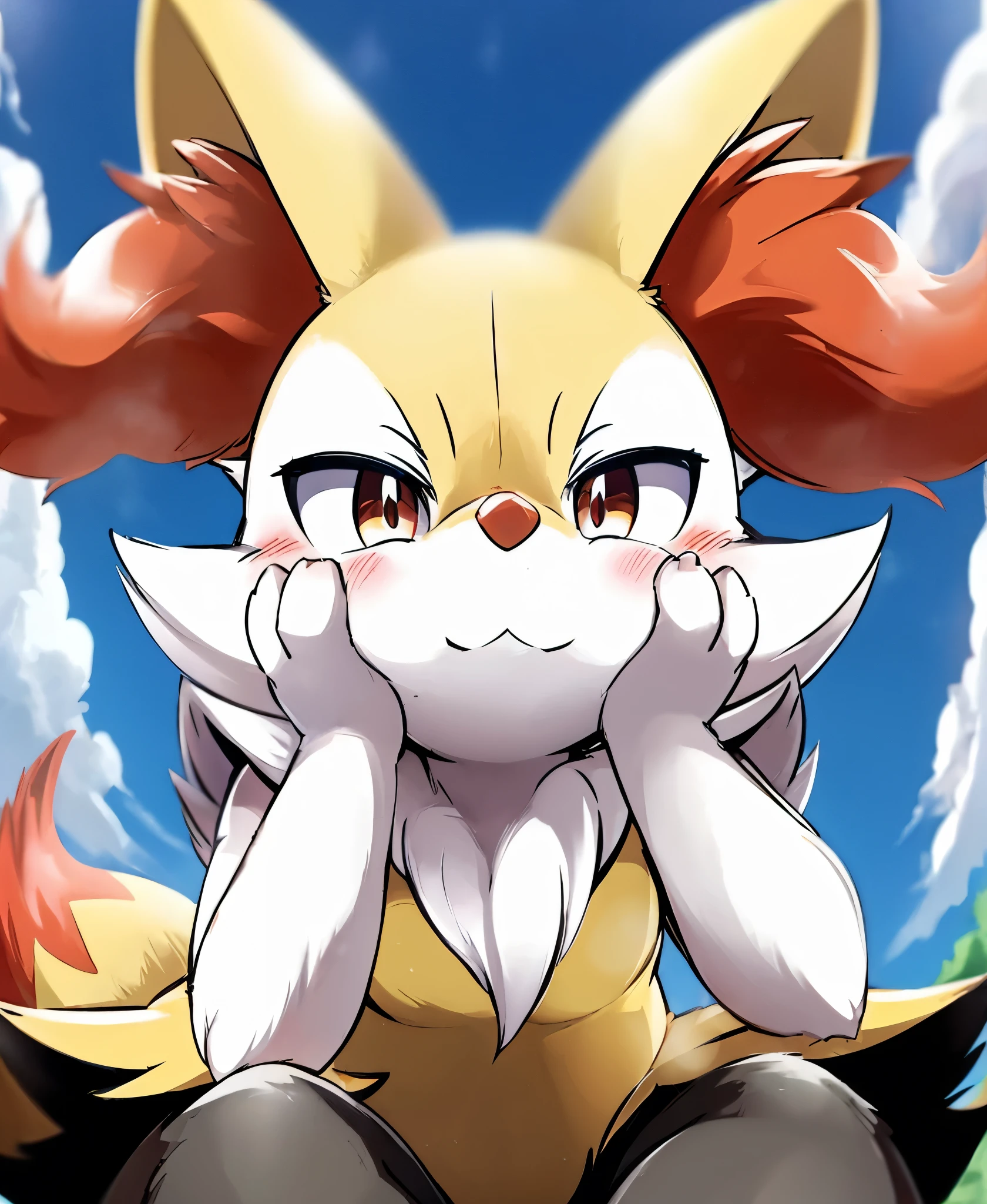 real e621, photorealistic, masterpiece, Braixen_(pokemon), looking at viewer, sharp red eyes, full body portrait, sweet smile, humanoid furry body, sexy, thicc thighs, sexy pose, full body, sensual, female charm, smiling, night sky, brilliant stars and cosmos, dark blue night sky, sexy, christmas hat, christmas tree, snowing, christmas dress