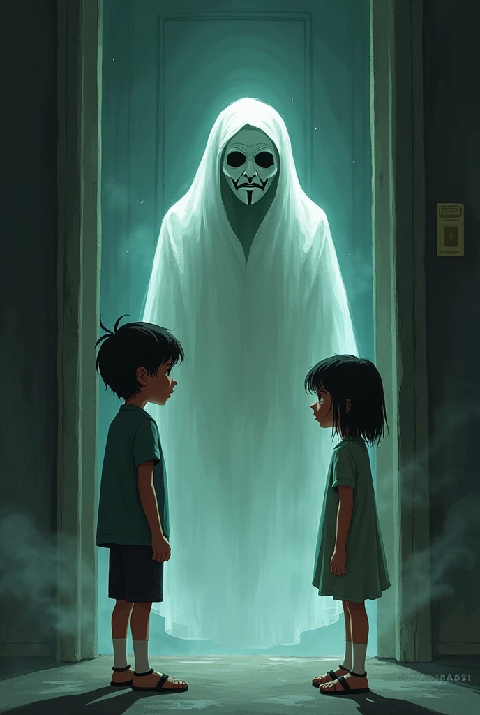 The happy child, Skinny body, chinese hair, white skin with black pants and white shirt, leaves the room into the hallway, walking greeting his scared sister, a tall man with a very long hat in the background waiting for him. In a dark room with a hallway