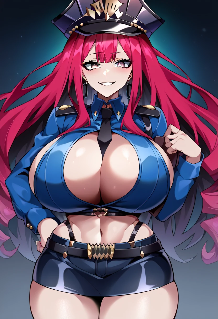 Masterpiece,2D,sharp focus,source_anime, 1girl, anatomically correct, beautiful woman, top quality, ultra definition, unreal anime girl, Hz style, baobhan sith(fate grand order), bright skin, pink hair, red hair, long hair, silver eyes, female police uniform, blue shirt, police hat, dark blue skirt, wide collar, short skirt, curvy body, bimbo body, very big breasts, huge breasts, large breasts, huge breasts:2.7, gigantic breasts, thick breasts, thick hips, thick thighs, front view, nighttime, night atmosphere, dark atmosphere, neon light, looking at viewer, seductive smile, seductive eyes