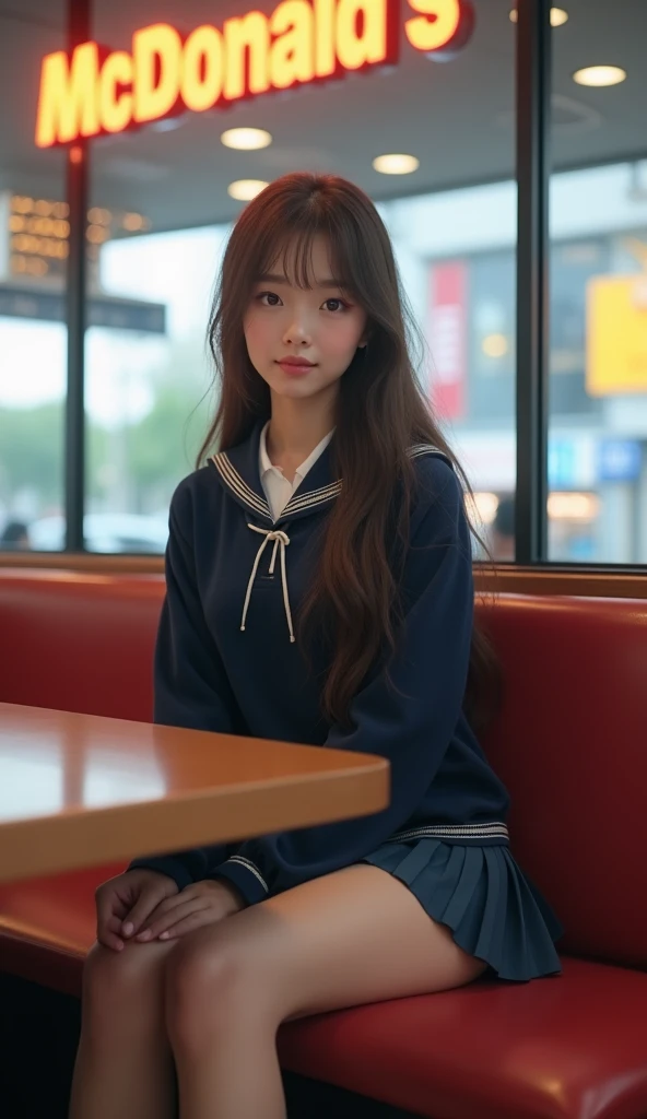 (best quality pictures:1.3)、16K high resolution、 super detailed、masterpiece、( live shooting )、( Photorealistic)、( hyperrealism )、Sharp focus、 very delicate and beautiful 、 Japanese High School Girl 、18 years old、Super beautiful、Facial beauty、Take a seat at McDonald's in Shibuya、 (spread her legs)、high school uniform 、 navy blue mini skirt 、School Sweater、 ties、 wearing makeup 、Brown hair、She wants to be asked out by a grown man