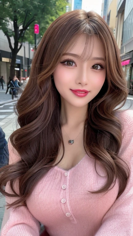 (Cowboy Shot、Best Quality、8k、Award-winning works、Ultra-high resolution)、Beautiful woman、(A sweater that shows off perfect, sexy cleavage:1.1)、Perfect big breasts、(Blonde:1.1)、Bright color contacts、Perfect Makeup、Bright and shiny lipstick、(Very heavy makeup:1.2)、(Deep pink around the eyes:1.1)、Beautiful bright eyeshadow、Heavy makeup around the eyes、(Huge breasts:1.2)、Very long wavy hair、(Romantic affection:1.1)、The best smile when he sees me、(Most people emphasize their body lines..:1.1)、(Strongly blurred vibrant Harajuku city background:1.1)、(Strongly blurred background:1.1)、Accurate anatomy、Ultra HD Hair、( Ultra-High Resolution Perfect Beautiful Teeth:1.1)、Beautiful faces in ultra-high definition、Ultra HD Hair、Ultra HD Shining Eyes、 Beautiful Skin with Shining Ultra-High Resolution 、Ultra-high resolutionの艶やかな唇、赤いラグジュアリースーツ