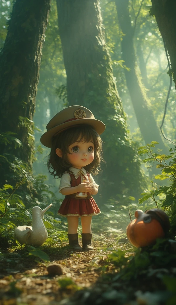 Disney style,Panorama Figures,A four-year-old Chinese girl,In the forest,Wear a cowboy hat,Carrying a cowhide adventure bag as tall as her,Found a huge treasure map,A maze is drawn on the map,The little girl had a look of surprise and happiness on her face