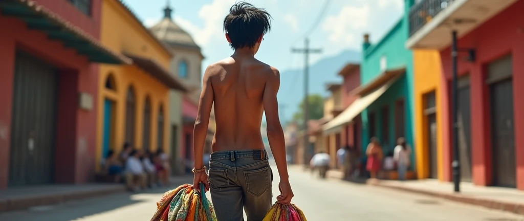 Teenage Philippines handsome cute boy, standing on city centre street ,nude ass, sideways standing , traditional ancient Philippines underwear