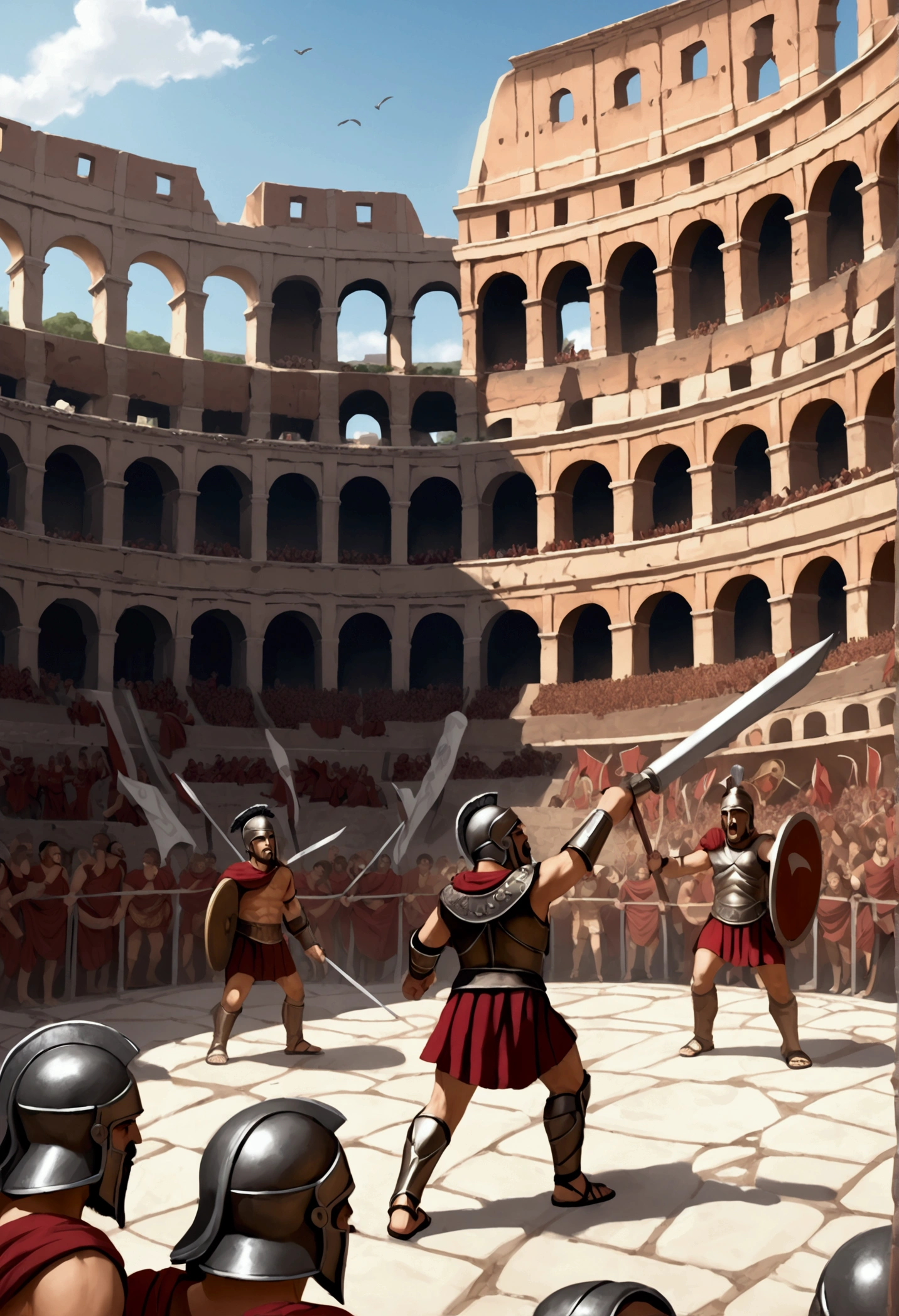 Petite Spartans fight brutally inside the Colosseum. Spectators are shouting with banners saying LET'S SPARTA