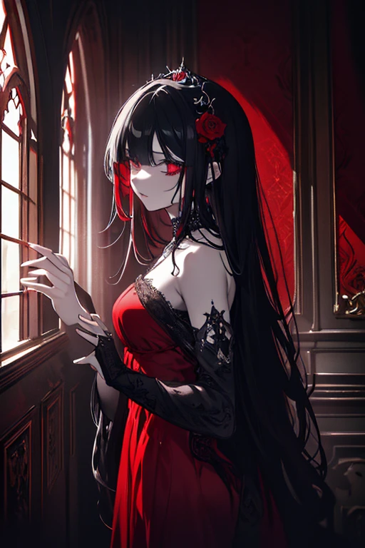 A seductive Gothic Asian woman, slim yet with a generous figure, is the main subject of this alluring image. Her dark hair cascades in waves around her pale face, contrasting with her bright crimson lips. The image is a highly detailed painting, her eyes captivating as they gaze directly at the viewer. The intricate lace of her corset enhances her silhouette, while delicate jewelry adorns her fingers and neck. This stunning portrayal captures the essence of mystery and sensuality with exquisite precision.