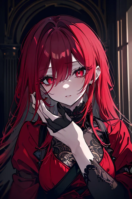 A striking image (masterpiece, top quality) features an enigmatic woman (1woman), dressed elegantly in a floor-length gown, with a crimson veil delicately covering her eyes (red veil). Her fingers gracefully rest on her lips (fingers on lips), symbolizing an air of quietude. The long, elegant nails on her hand are meticulously painted in a bold, vibrant shade of red (long, bright red nails), adding to the enigmatic appeal. The setting is stark and dramatic, with the background cast in solid black (solid black background), creating a contrast that heightens the woman's allure. The image, in its entirety, exudes an