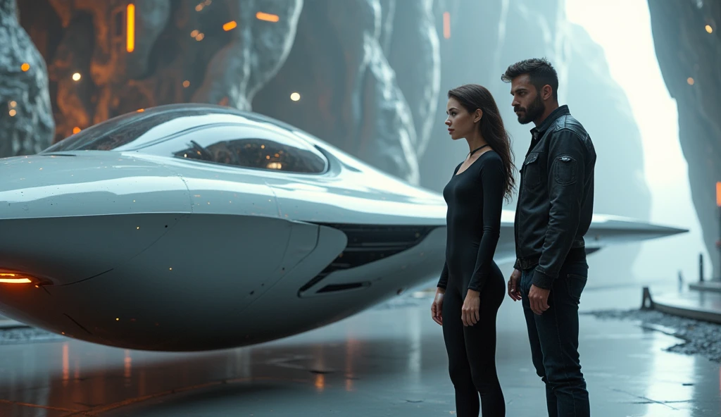 masterpiece of photorealism, photorealistic highly detailed professional 8k raw photography, best hyperrealistic quality, volumetric real-time lighting and shadows, Compose a stunning picture with a man and a woman as protagonists. The man should be wearing Pilot's Flight Suit, the woman should be wearing Sweater Dress with Over-the-Knee Boots for Winter, exuding the adventurous spirit and action of a Hollywood blockbuster. Place them in Magical Ice Castles in Winter full of busy people. Capture the play of natural light, emphasizing their features and the beauty of the environment. The image should be taken from a Medium Shot perspective