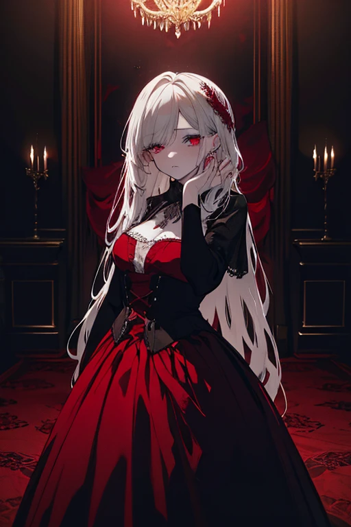 High-quality, blood-drenched background, dimly lit, 1female, The short white hair with ruby eyes was splattered with blood, Blood dripping seductively from her hand, A sensual allure echoing in her gaze, Teeth elongated into fangs, Cloaked in a voluminous floor-length dress, stained with crimson hues, Contributing to the eerie elegance of the scene, A table beside her, adorned with a vintage candelabra, Dripping wax forming a trail leading to a pile of discarded broken rosary beads, A red satin undertone subtly highlighting the bloodstain pattern