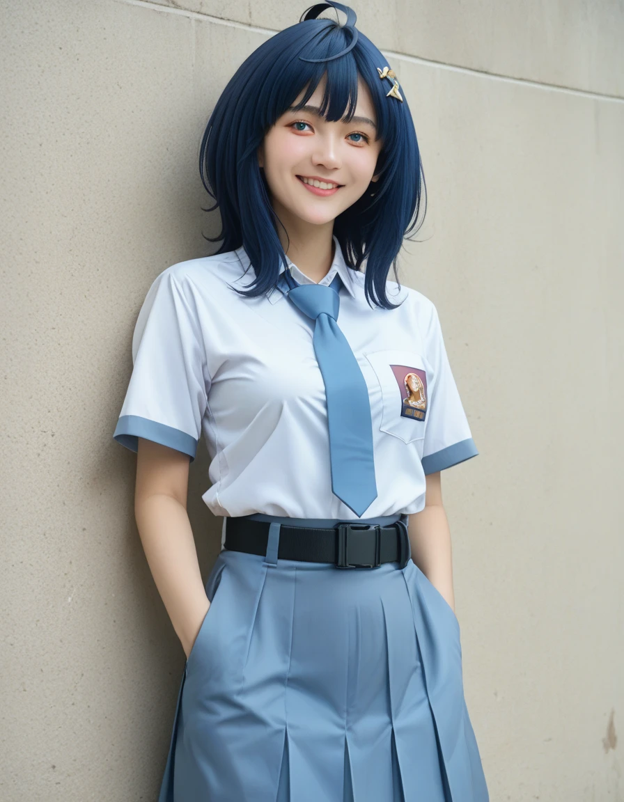 Masterpiece, hd, best quality, annayanami, medium hair, blue eyes, ahoge, blue hair, medium breasts, Indonesia high school uniform, wearing white collared shirt, short sleeves, light blue skirt, pleated skirt, light blue neck tie, pocket, school logo on pocket, wearing black belt, outdoor,  smile,  standing, cowboy shot