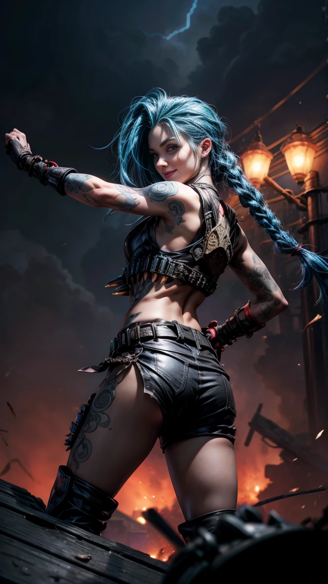 <lora:LoLJinxLora:1> blue, hair, woman, braids, tattoos, piercings, bazooka,pink black outfit,beautiful eyes, horny expression:1.2; full body:1.2, beautiful girl, high detail skin, high detail eyes, high detail hair, toned body, skimpy,5 finger, highres, ultra detailed:1, 4k, high quality, ultra realistic, sharpen image, full body, hotporn, award winning photography, Professional Photo, full body shot, detailed eyes, Highly detailed, fine details, intricate, sharpen picture, colorfull picture,vivid colors, small breasts:1.2, highres, ultra detailed:1.3, 4k, high quality, ultra realistic, sharpen image, extremely detailed CG unity 8k wallpape, hdr, extremely intricate, High Detail:1, Sharp focus, soft cinematic light, looking at viewer, detailed pupils, cute smile, 4k textures, soft cinematic light, cinematic look, insane details, hyperdetailed, Highly detailed, <lora:more_details:0.5>