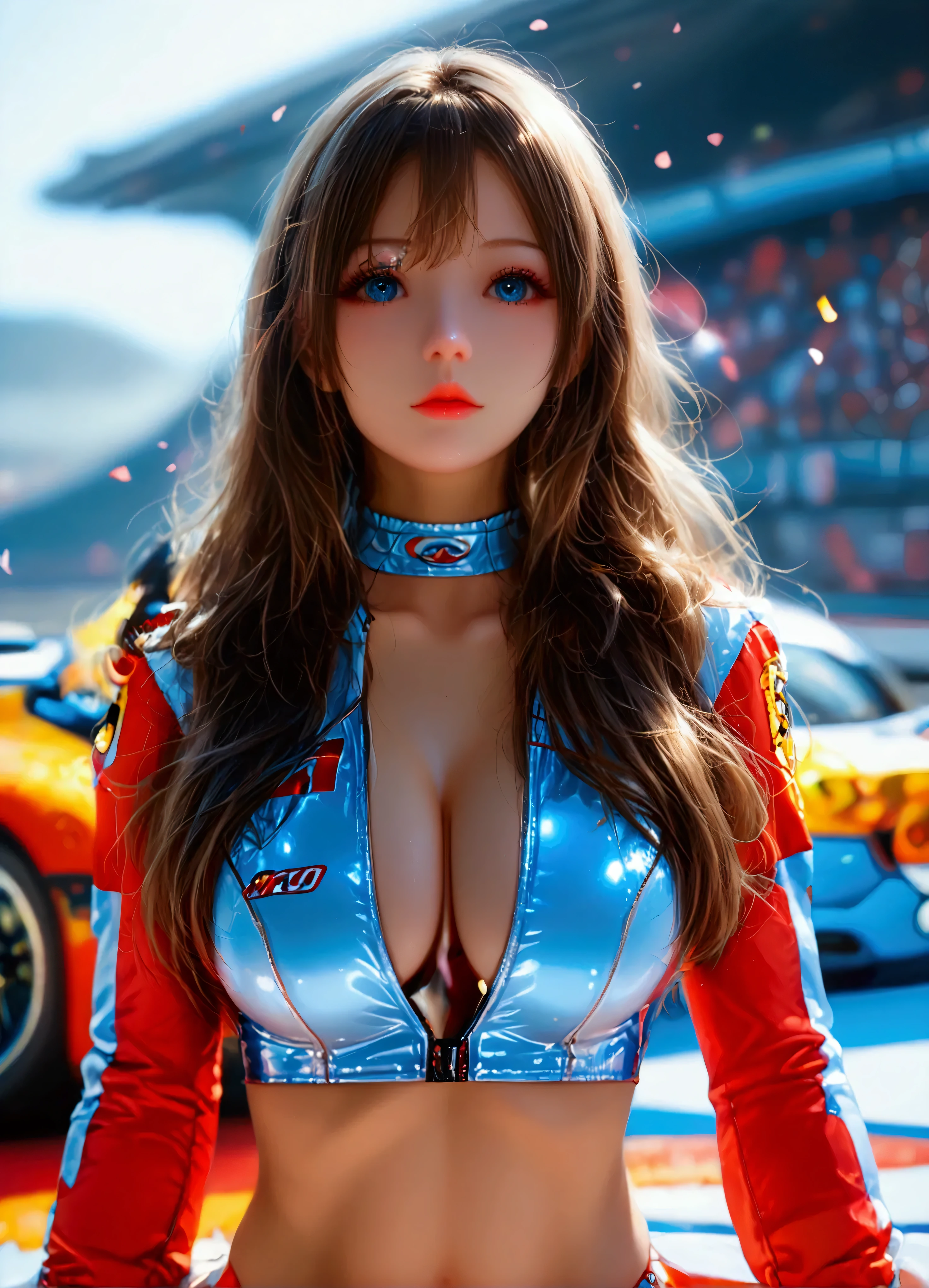 Highest quality, Super quality, 16k, Incredibly absurd, Very detailed, 2.5D, delicate and dynamic, blue sky, Confetti, Racing Car, flag, Small face, Extremely delicate facial expression, Delicate eye depiction, Extremely detailed hair, full body shot, erotic, sole sexy lady, healthy shaped body, 22 years old lady, Race Queen, 170cm tall,  ((large breasts:1.2), (huge breasts:1.2), (Uplifted and well-defined bust:1.2), (lifted chest:1.2), (perky breasts :1.2),(deep cleavage:1.4), sexy long legs,, Glowing Skin, , Flashy Race Queen costume, blue tight skirt, white leather long boots, standing nest to the Formula 1 racing car, Auto Racing Track