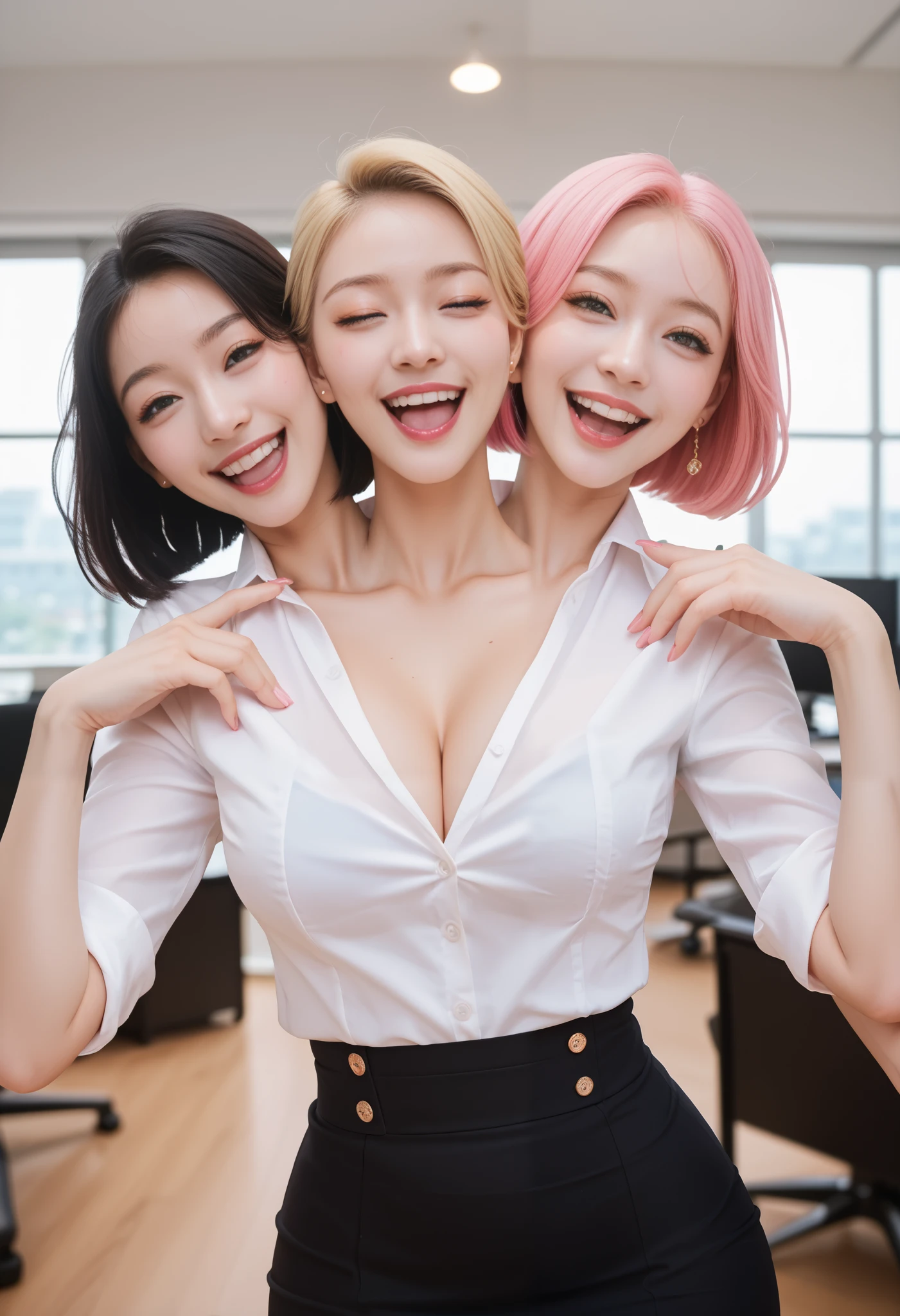 best resolution, conjoined, 3heads,  woman with three heads, tall, big chest, different hairstyles, pink hair, blonde hair, black hair, short hair, white button shirt, high-waist office skirt, laughing, extra arms