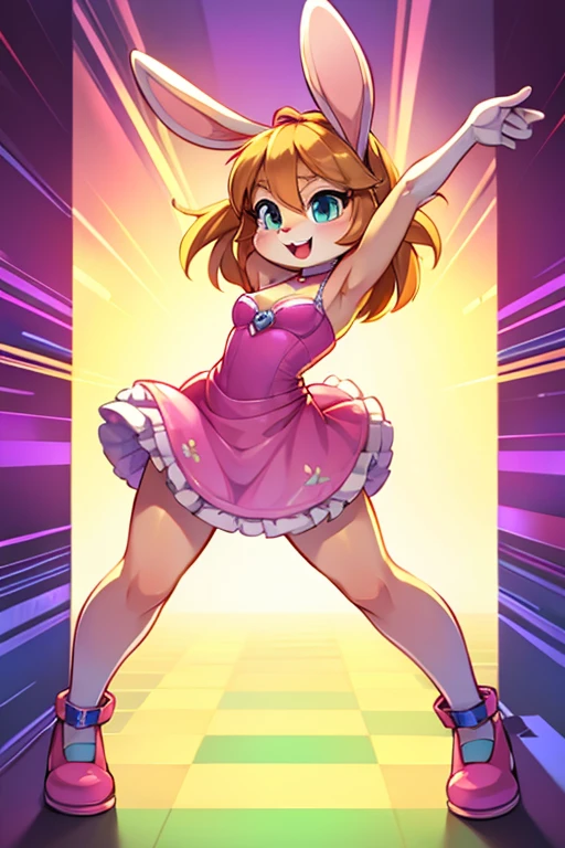 Female, Mobian, Rabbit, Cream the Rabbit, sonic the hedgehog \(series\), rabbit girl, ((solo)), ((1girl)), ((hairstyles, long wavy hair with curtain side bangs)), brown eyes, (eyes open), serious, young adult, average sized breasts, hair on top of shoulders, long peach hair color that’s is wavy, wearing a blue anime styled scarf, wearing a red one piece, knee length tights, black boots, white gloves, (((2D Anime Style))), many poses in a fighting pose, side view