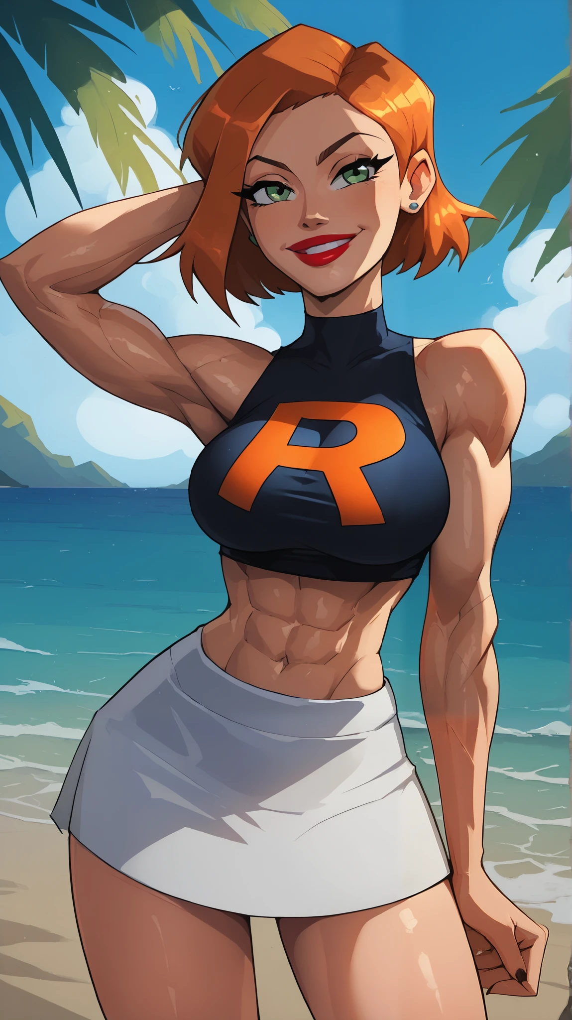 score_9_up,score_8_up,score_6,score_5,score_4,1girl,source_cartoon,gwen_tennyson,ben_10,green_eyes,orange_hair,amazing composition,incredible lighting,smiling,detailed background,shiny skin,outdoors,beach,ocean,palm tree,black lipstick,team rocket uniform,white skirt,white sleeveless shirt,midriff, ((((Huge Muscles)))), ((((Huge breasts))))