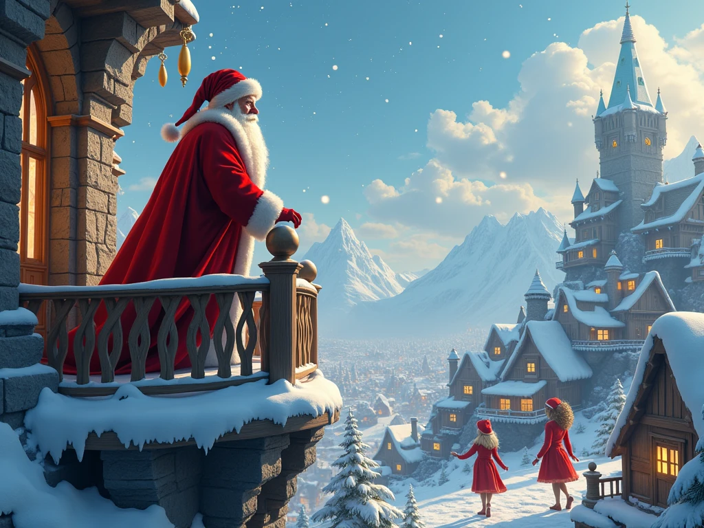 Santa Claus is on his balcony high above his North Pole village looking down on all his beautiful female elves preparing for Christmas. Each of the elves is uniquely sexy.