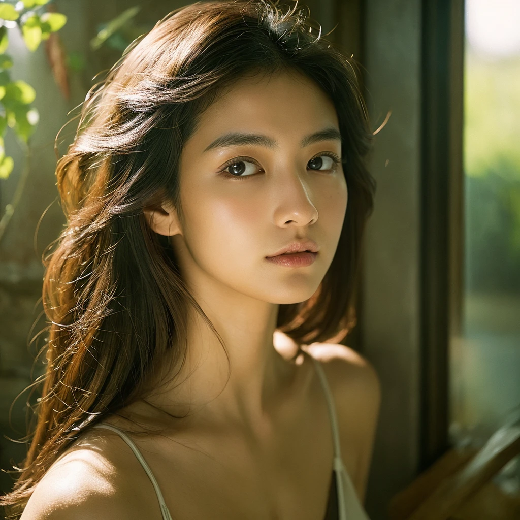 A hyper-realistic image of a single Japanese woman in her early 20s, captured with the nostalgic warmth and subtle graininess of a film camera. Her skin has a warm beige tone with a natural, slightly rough texture that includes visible pores, fine lines, and subtle imperfections such as small blemishes, adding to the authenticity of her appearance. The soft, diffused natural light enhances the film-like quality, casting gentle shadows that create a timeless, organic feel. Her straight, glossy black hair frames her face in a natural, slightly tousled manner, and her deep brown eyes reflect the ambient light, adding depth and emotion. The film camera effect introduces a slight grain and a softer focus, giving the image a warm, nostalgic atmosphere while maintaining the realistic texture of her skin. She is dressed simply, in a way that complements her natural beauty, with the overall composition designed to evoke a sense of genuine, understated elegance. The use of natural light, combined with the deliberately rougher texture of her skin and the film-like qualities, ensures that this image captures the imperfections that make her beauty truly lifelike, focusing solely on this one individual.She has large, ample breasts and wears only attractive, fashionable underwear, which accentuates her cleavage.almost see the nipples.Be sure to keep your eyes on us.Stylish and cute bras.