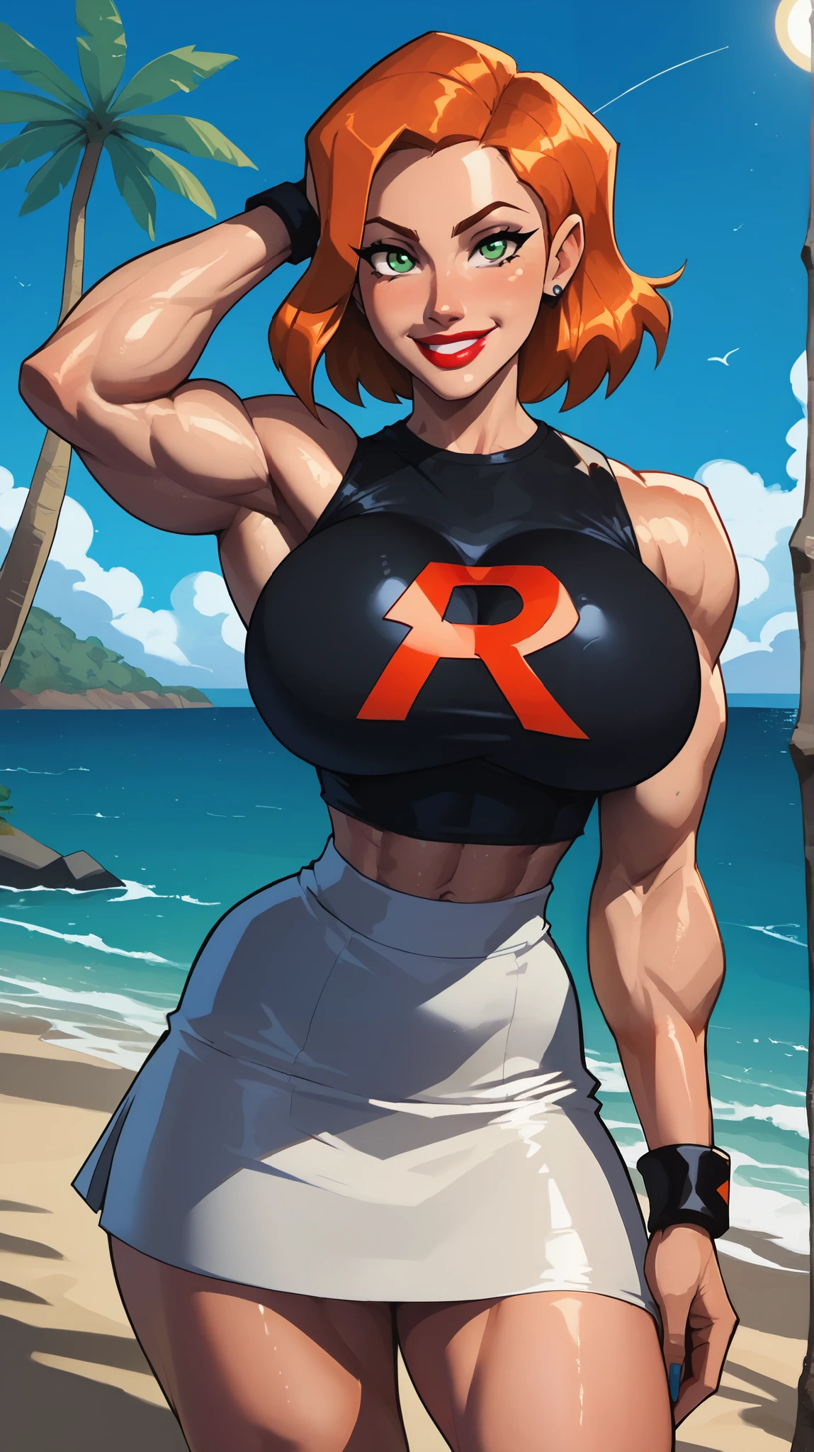 masterpiece:1.2, best quality), realistic, (real picture, intricate details, depth of field), (1girl, solo), make up, parted lips, highly-detailed, perfect face,
(huge breasts:1.4), (skindentation), thick thighs, wide hips, small waist, tall, glossy coral lips,
red hairs, red eyes, ponytail,
(A girl playing volleyball, white volleyball uniform), (sweating:1.2), (wet), sexy, blushing,