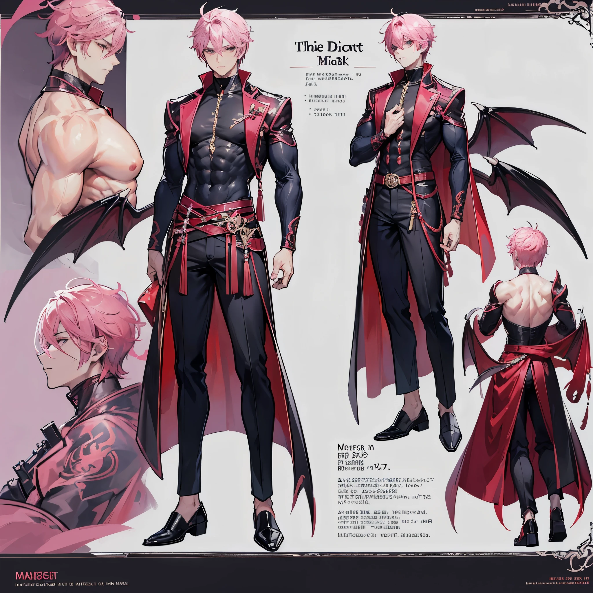 (Masterpiece, best quality), detailed, 1 man, ((character concept art)), ((character design sheet, same character, front, side, back)), full body, body complete, 1 Male angel, 1 Man angel, Detailed face, character design sheet,full bodyesbian, Highly detailed, character sheet, character design, Many parts, dark skin, angel wings, ponytail pink hair, angel outfit, muscle male god, male clothes, masculine, muscle man, male muscle, manly, male angel, Muscle male with ponytail pink hair,beautiful man, beautiful muscle man