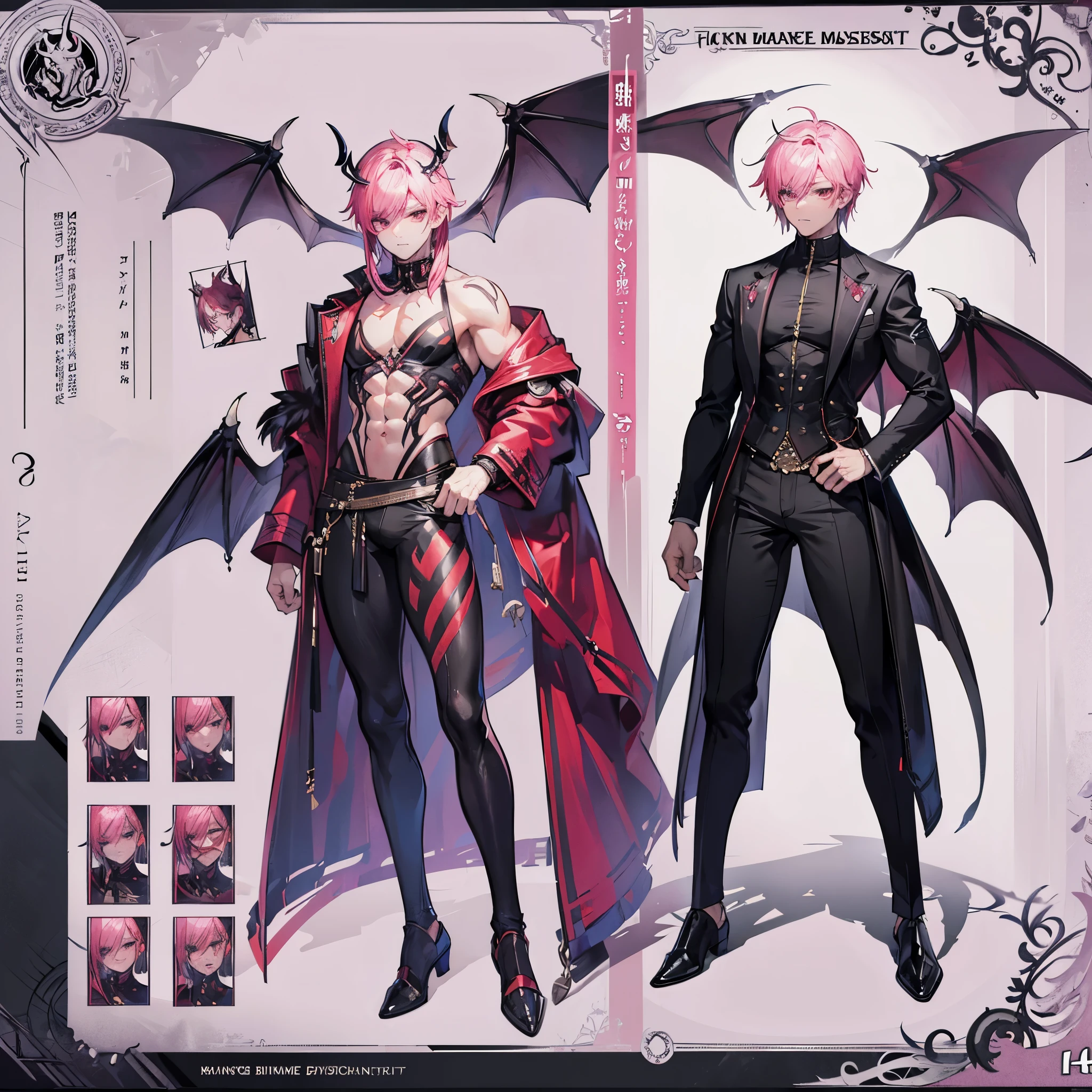 Handsome male, purple hair, short hair, red eyes, horns, ear piercings, detailed body, detailed hands, grey button shirt, wearing chest harness, black pants, black boots, night fall, standing in palace, arrogant look, good looking, ring on finger