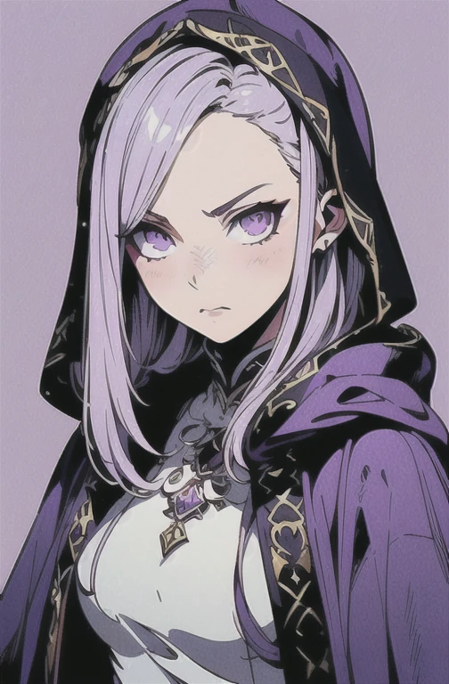 (masterpiece, ultra-detailed, high resolution, best quality:1.2), (anime, simple background, fantasy art, RPG character, concept art), (female, solo, adult female, (portrait), (lavender hair:1.3), long hair, (middle part hair:1.2), [forehead], tall woman), ((deep purple cloak), (white tight dress), medieval long cloak), (serious)