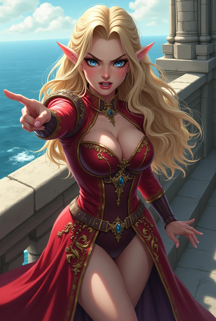 (masterpiece), highly detailed, masterwork, detailed illustration, anime woman, anime illustrations, golden ratio, perfect face, 1woman, elf, long hair, blonde hair, (((amazing detailed buttocks))), standing, blue eyes, (beautiful red medieval queen outfit), frown, angry, yelling, standing on balcony, castle outskirts, sea, from the from, bent over, pointing finger at POV, POV slightly below,