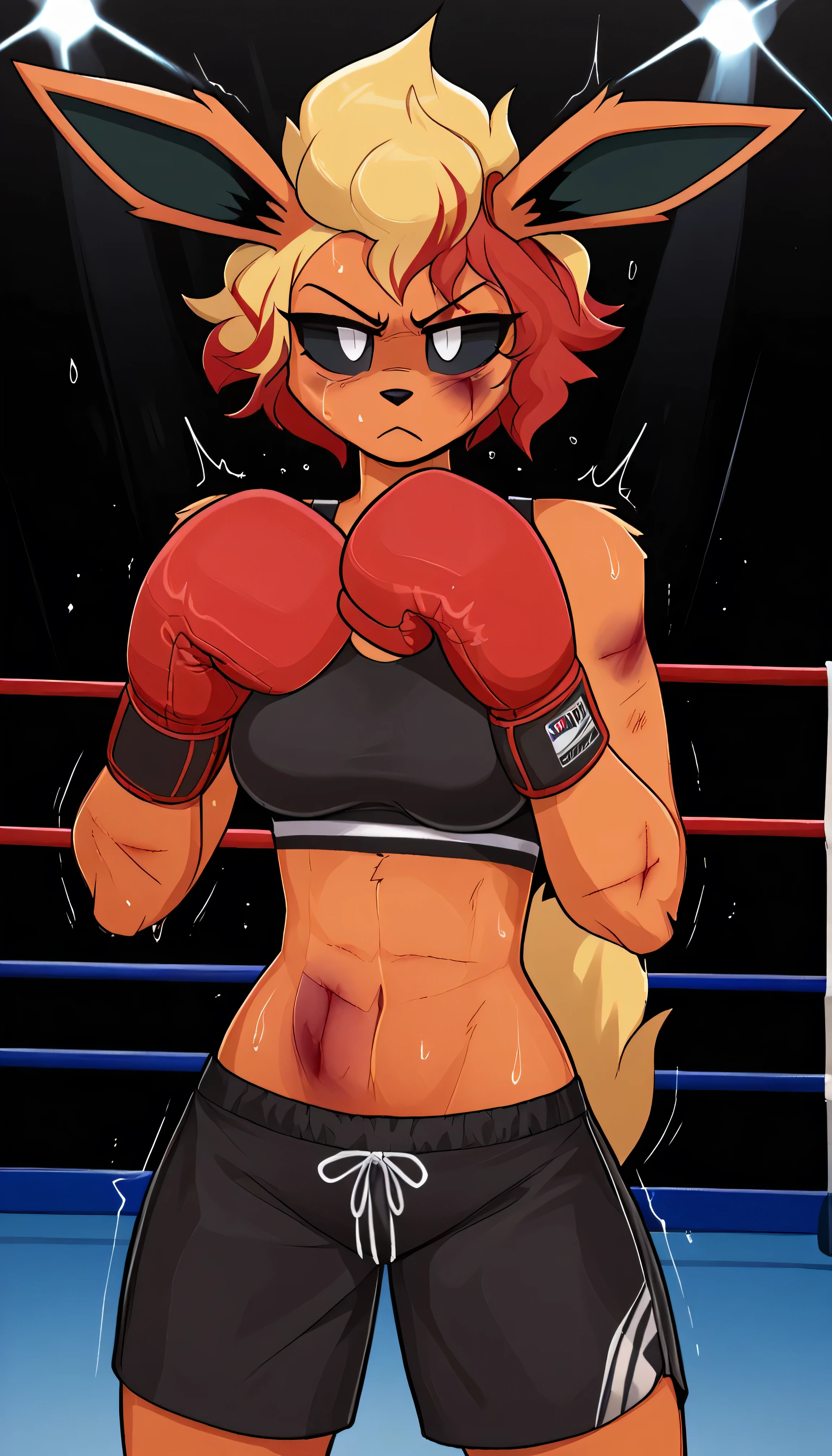 boy, squirrel, furry, bodyfur, tail, collar, bra, bottomless, gloves, boots, chibi, penis, testicles, peeing, blush, sparkling eyes, boxing, fighting, battle, punching