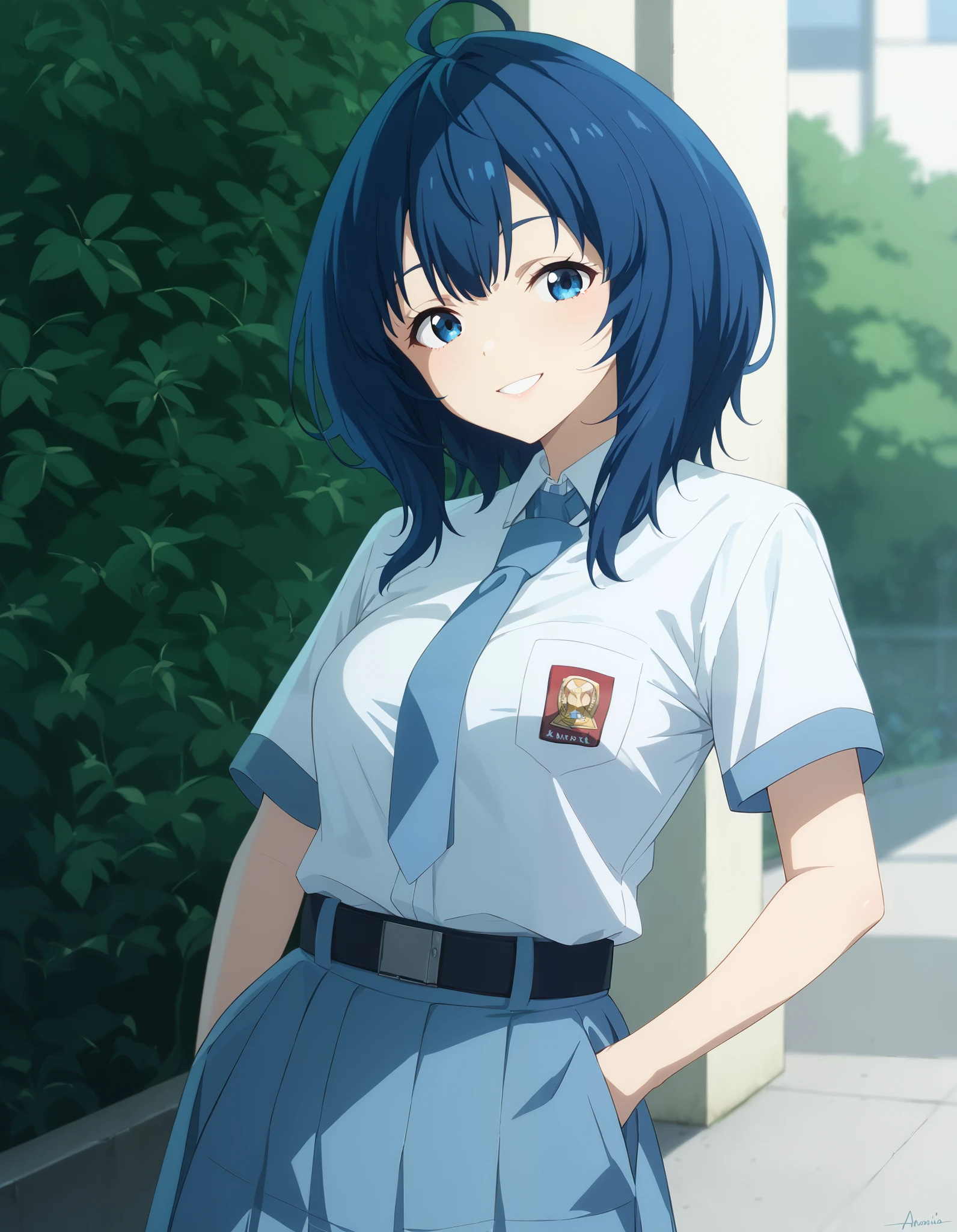 Masterpiece, hd, best quality, annayanami, medium hair, blue eyes, ahoge, blue hair, medium breasts, Indonesia high school uniform, wearing white collared shirt, short sleeves, light blue skirt, pleated skirt, light blue neck tie, pocket, school logo on pocket, wearing black belt, outdoor,  smile,  standing, cowboy shot