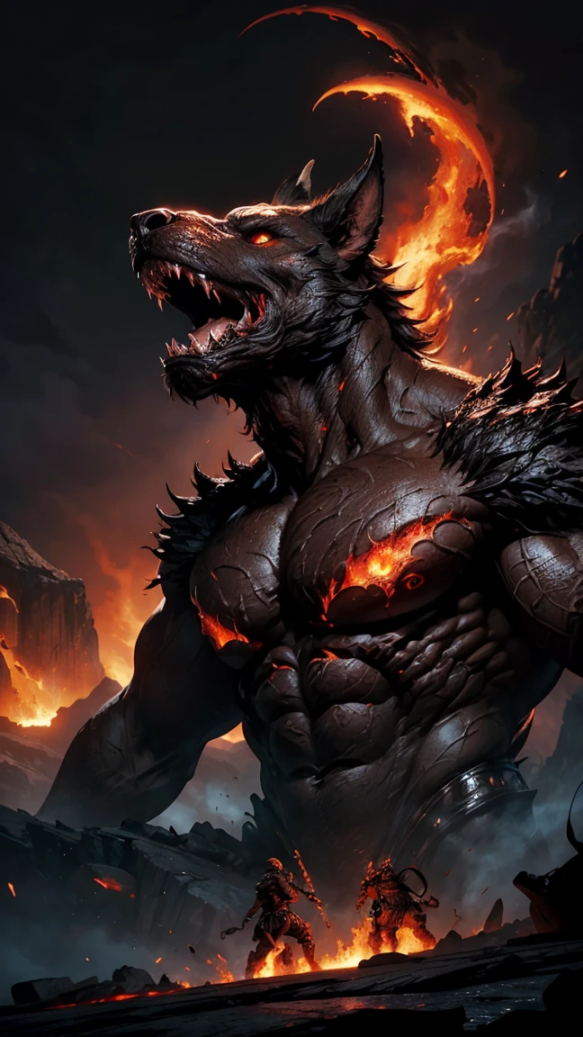 Ahriman is tearing the belly of Zarvan, the Iranian god, and he was born earlier. He is in the form of a black and ugly creature with red eyes and long and sharp nails. He looks at Zervan with an evil face and a mocking laugh. Blood drips from Zarvan's stomach and he screams in pain.