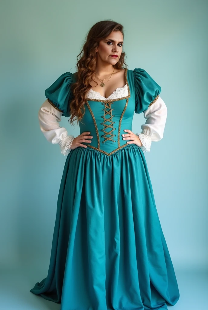 ((Plain background)), ((Perfect forehead)), ((big hips)), ((view to the camera)),  adds texture and dimension to the outfit .  A corset-style closure wraps the bodice ,  creating a silhouette flattering that accentuates the curves of the wearer . The creased skirt , The adult costume in the picture is a stunning turquoise-blue Renaissance dress that exudes vintage-inspired elegance., The sweetheart neckline that attracts attention wherever it is worn,  The AVN award for a luscious, plus-size exhibitionist MILF in a deep V-neck blouse with natural, saggy breasts, flirty and haughty attitude .  wide hips and small waist . lace stockings,  plump but with a waist, Baby Got Back 