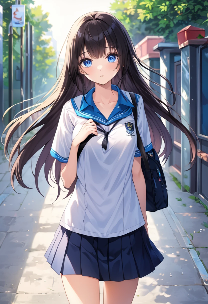 A girl with medium tits and Long straight hair with blue eyes and was walking and wearing a school shirt and short skirt And carry a sling bag