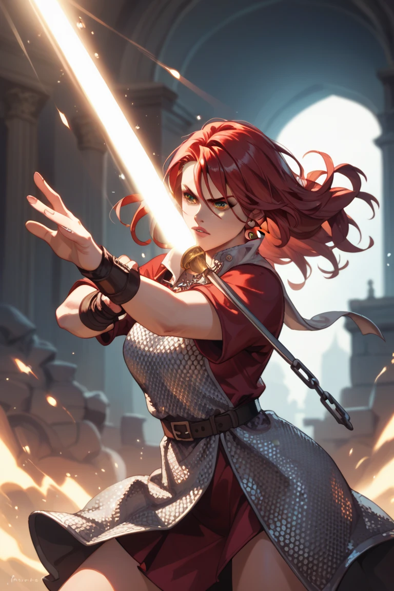 woman long rich red hair, tunic, chainmail. glowing light beams in both hands, fighting stance, locket around neck