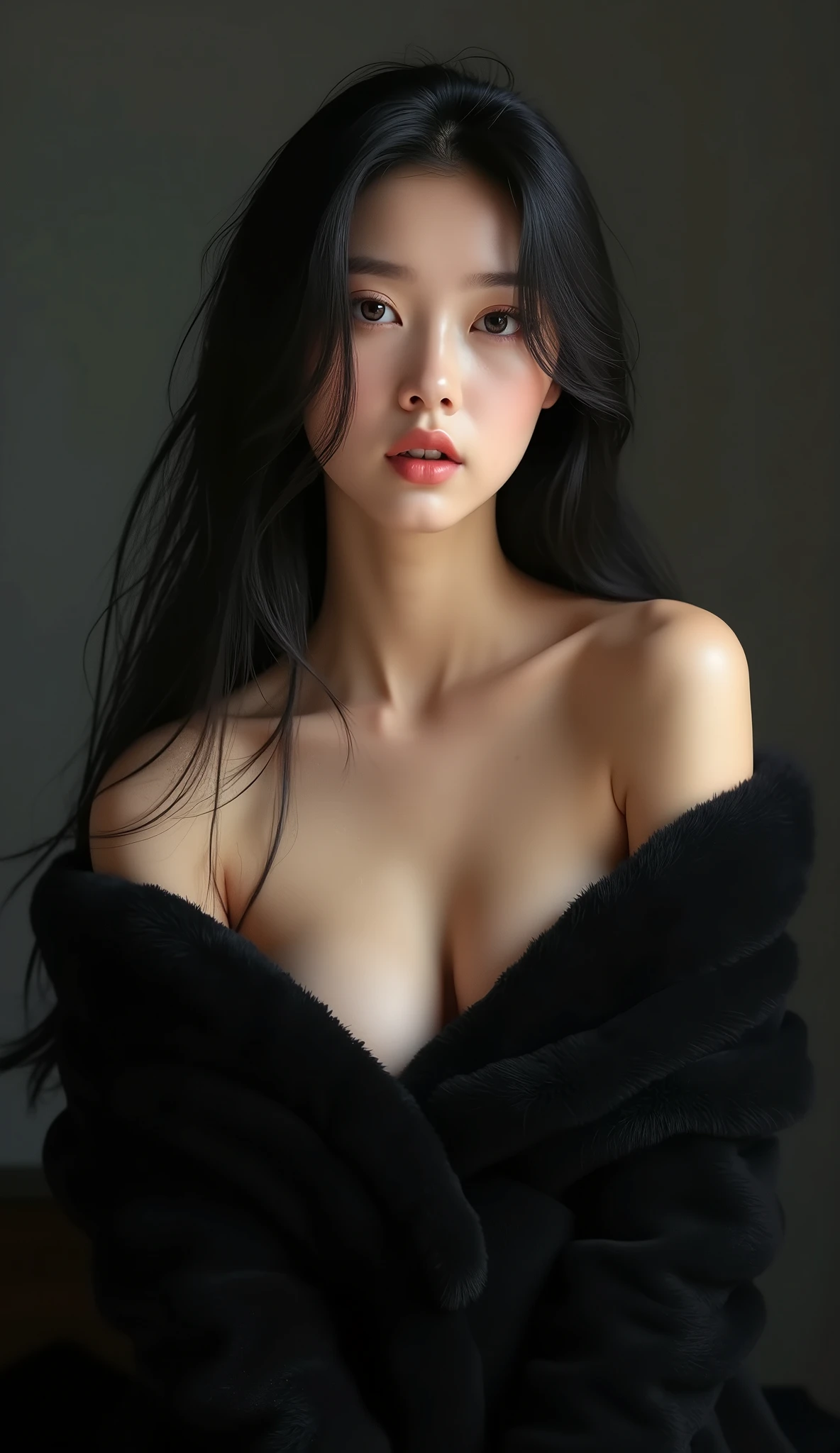 8K, Top Quality, Intricate Details, Ultra Detail, Ultra High Resolution, Masterpiece, close up shot, Slender,, (()), (Makeup: 0.4), (Fluffy Blue Eyes: 1.21), , looking at viewer, (()), 1girl, solo, 1 girl, (( )), , , ((tall)), (((fit body))), (((slim face))), sharp face , smile, (( black hair, long hair )) , (detailed face), sharp face, small lips, standing, , show belly ,, hand on hip , ((, abaya , naked )), sleeveless, ((detail belly )), detail fingers, detail hands, detailed face, detailed breast, huge breast, Narrow Waist, Skinny, 175 cm tall , Muscular, Navel, Exposed Abdomen, Pointed Ches , large breast, , , Beautiful girl with accentuated slender abs: 1.4, Six Pack Abs: 1.4, Bust Botox,, Perfect Body, (( background)), black background, full body photo shot. Expose vagina, expose breasts and expose face