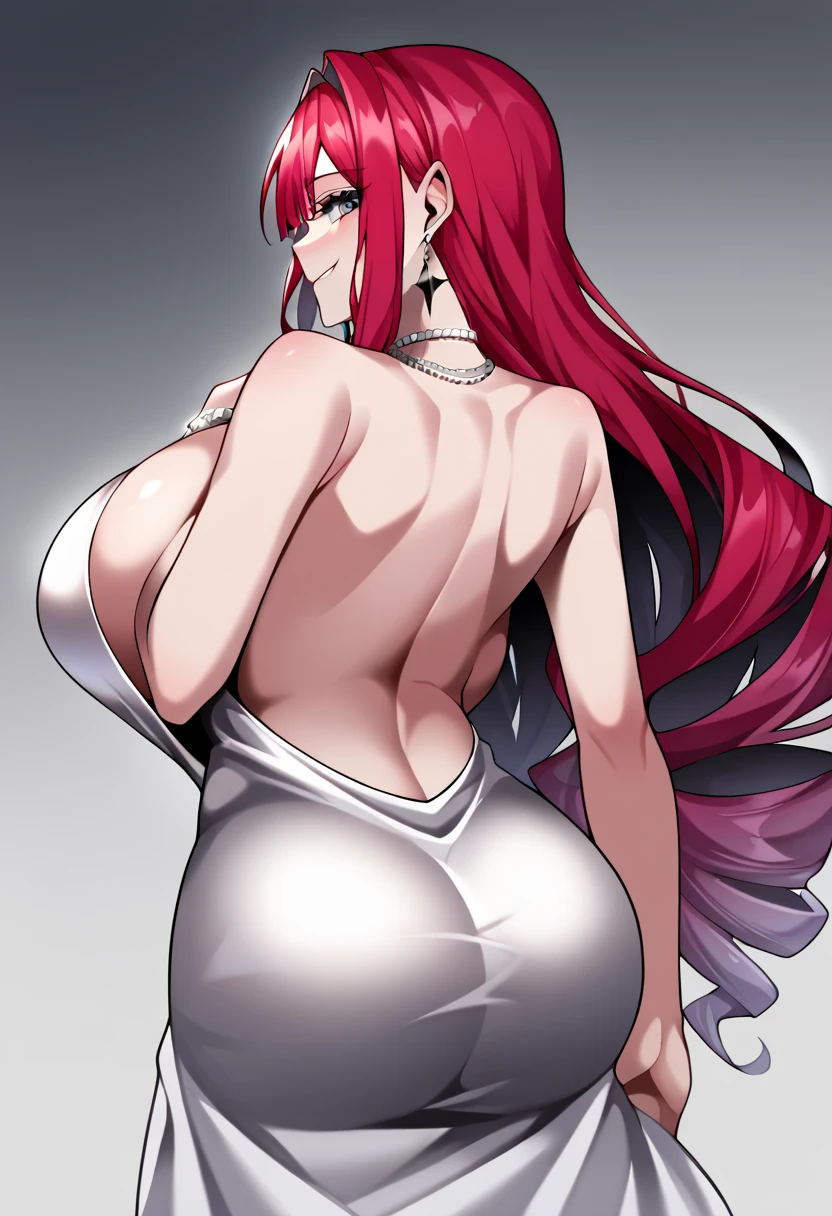 Masterpiece,2D,sharp focus,4K,8K,source_anime, 1girl, anatomical correct, beautiful woman, top quality, ultra definition, unreal anime girl, Hz style, baobhan sith(fate grand order), bright skin, pink hair, red hair, long hair, silver eyes, silver dress, silver evening gown, bare back skin, beautiful back skin, silver evening dress, necklace,in luxurious party, curvy body, bimbo body, very big breasts, huge breasts, large breasts, huge breasts:2.7, gigantic breasts, thick breasts, back view, behind view, close up, nighttime, night atmosphere, dark atmosphere, looking at viewer, seductive eyes, seductive smile, safe for work