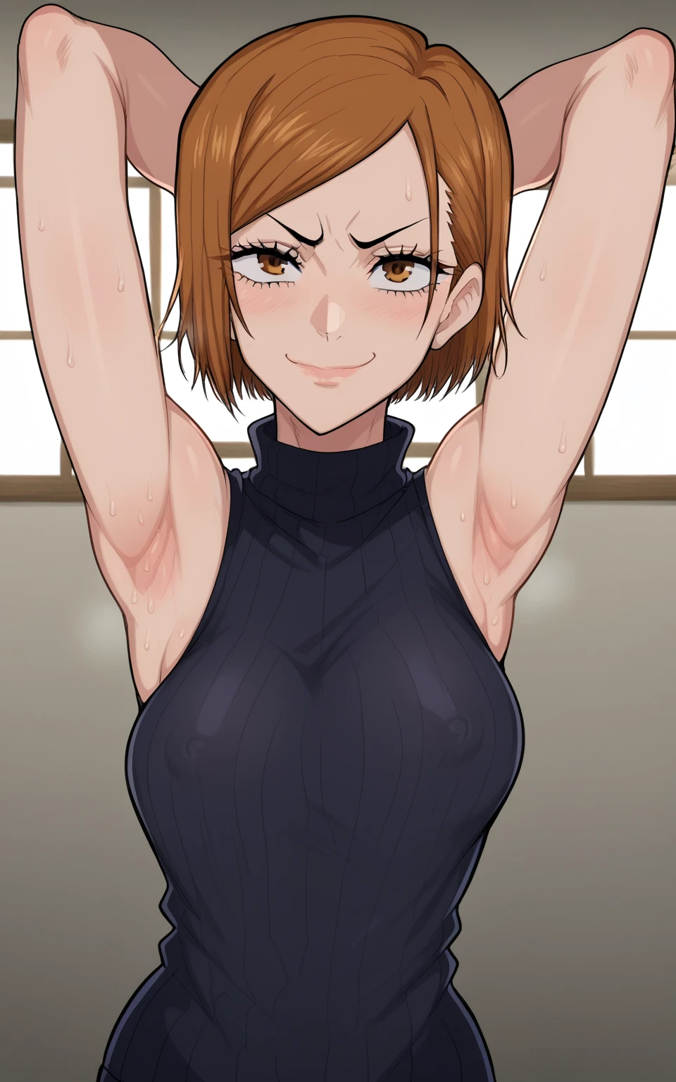 score_9, score_8_up, score_7_up, source_anime, anime screencap, 1girl, solo, kugisaki nobara,brown hair, short hair, brown eyes, black sweater, sleeveless sweater, ribbed sweater, turtleneck, no bra, nipple erect,bare shoulders, arms behind head, armpits, looking at viewer, head towards viewer, smile, badhandv4, indoors, from above, closed mouth, sweaty armpits