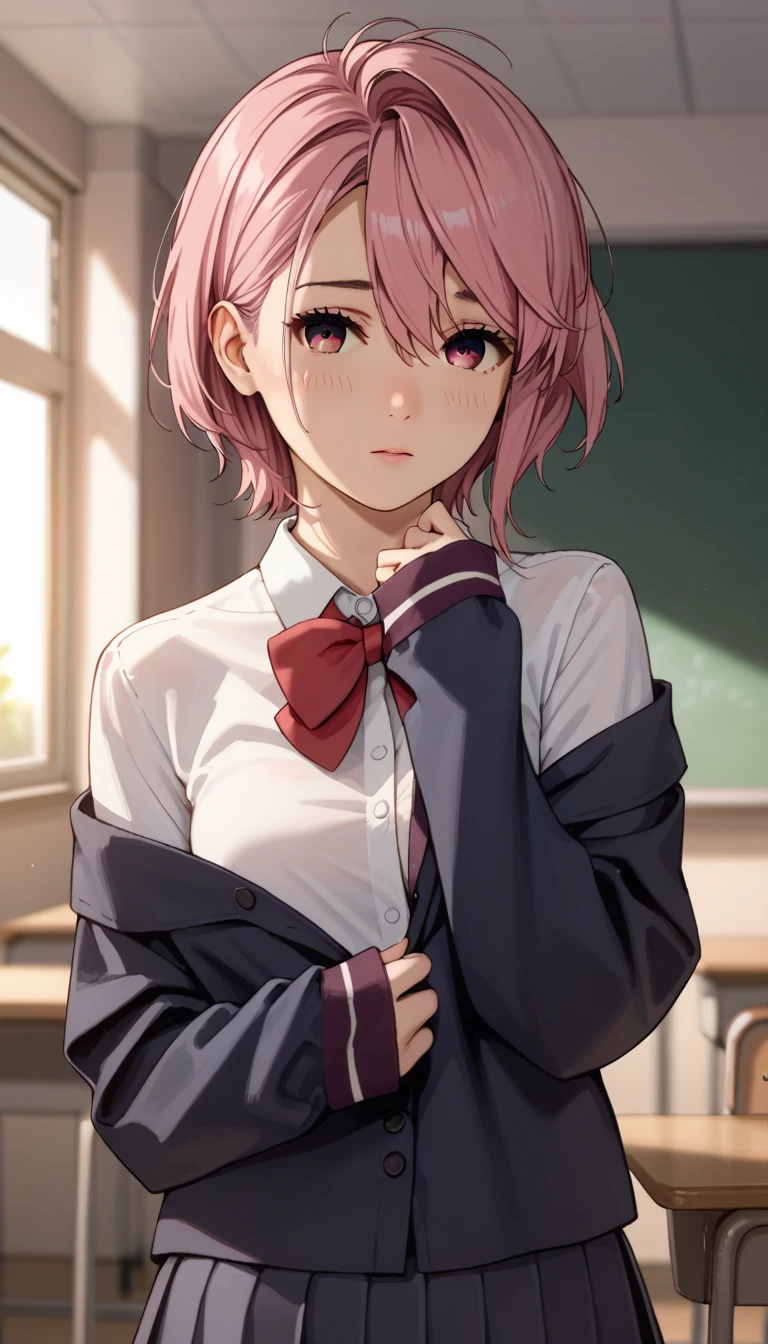 NSFW, score_9,  score_8_up,  score_7_up,  source_Anime, BREAK
1girl, Blurred Background, seductive pose, sexy pose, shy, classroom, off shoulder, open shirt, blush
Aira Shiratori,  pink hair,  short hair,  pink eye ,
 school uniform, white collared shirt, Long Sleeve, sleeves past wrists, miniskirt, pleated skirt, 
