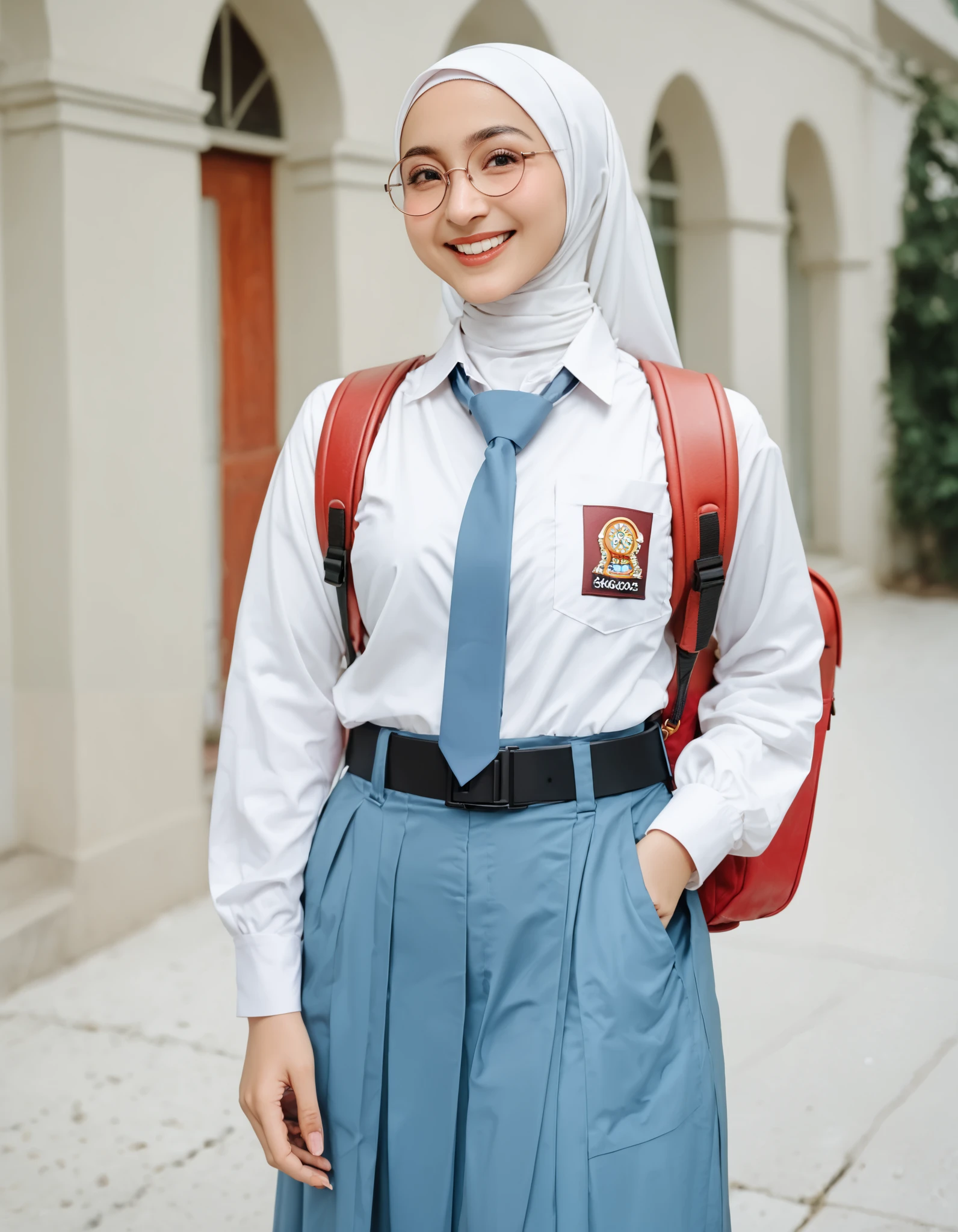 (masterpiece, best quality:1.0), highly detailed,  detail,  1girl,  Asian girl, wearing hijab, white hijab, Indonesia high school uniform, wearing round glasses, wearing white collared shirt, long sleeves, long skirt, light blue skirt, pleated skirt, wearing black belt, light blue neck tie, pocket, school logo on pocket, outdoor,  smile,  standing, cowboy shot, wearing backpack, red backpack