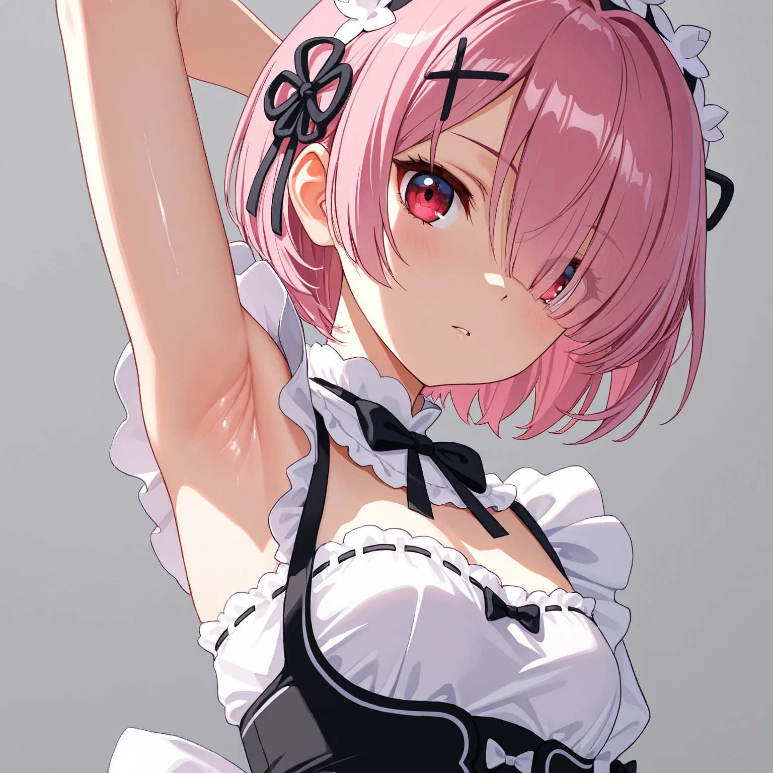 (masterprice, HDR, 2k, High Resolution) 1girl, ram,   short hair, pink shiny hair, a simple background, white appron, maid, short sleeveless, arm up (side armpits, Armpits Focus, more focus armpits, zoom armpits, very detailed armpits, Armpit Crease, armpits detailed, shiny armpits, detailed skin) anime art, Anime Style, Anime, Simple background.