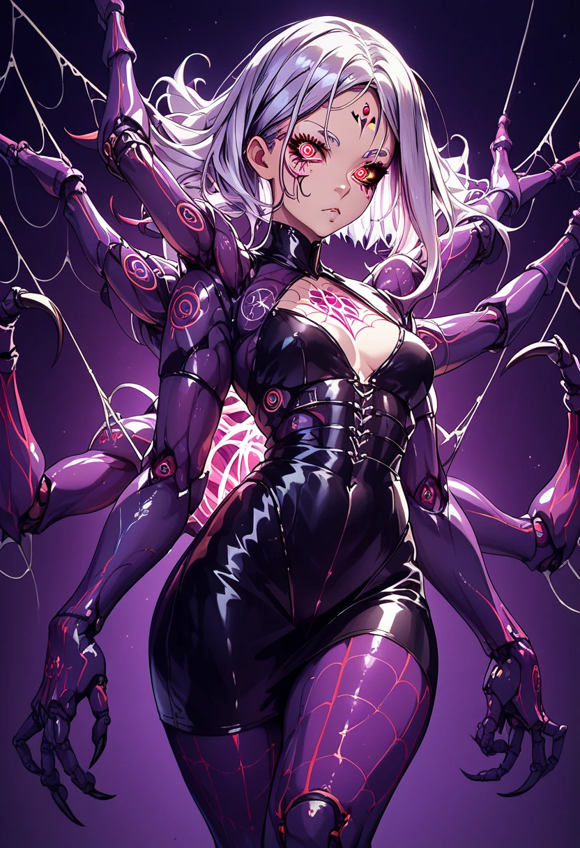 Spider cyborg girl. Many arms. Spider eyes on forehead. Horror eyes. Facial tattoo. Silver hair. Glowing chest. Latex. Black and purple costume. Mechanical skirt. Insect legs from waist. Sharp claws. High leg cut. Dark background.