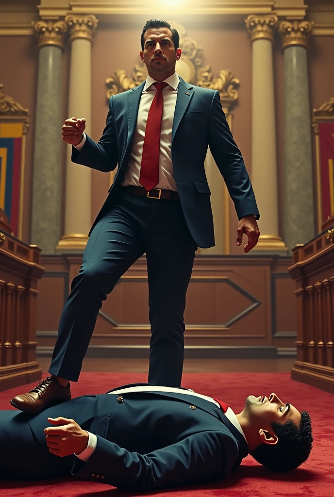 fat bald man wearing grey suits standing with bloody fists and black suite and glowing red eyes, Wonder Woman wearing  tiara, red and gold bustier, blue leotard with white stars, silver bracelets, (Red knee high boots:1.2), golden belt with athletic and muscular body laying on the ground unconscious covered in blood with tattered costumes.