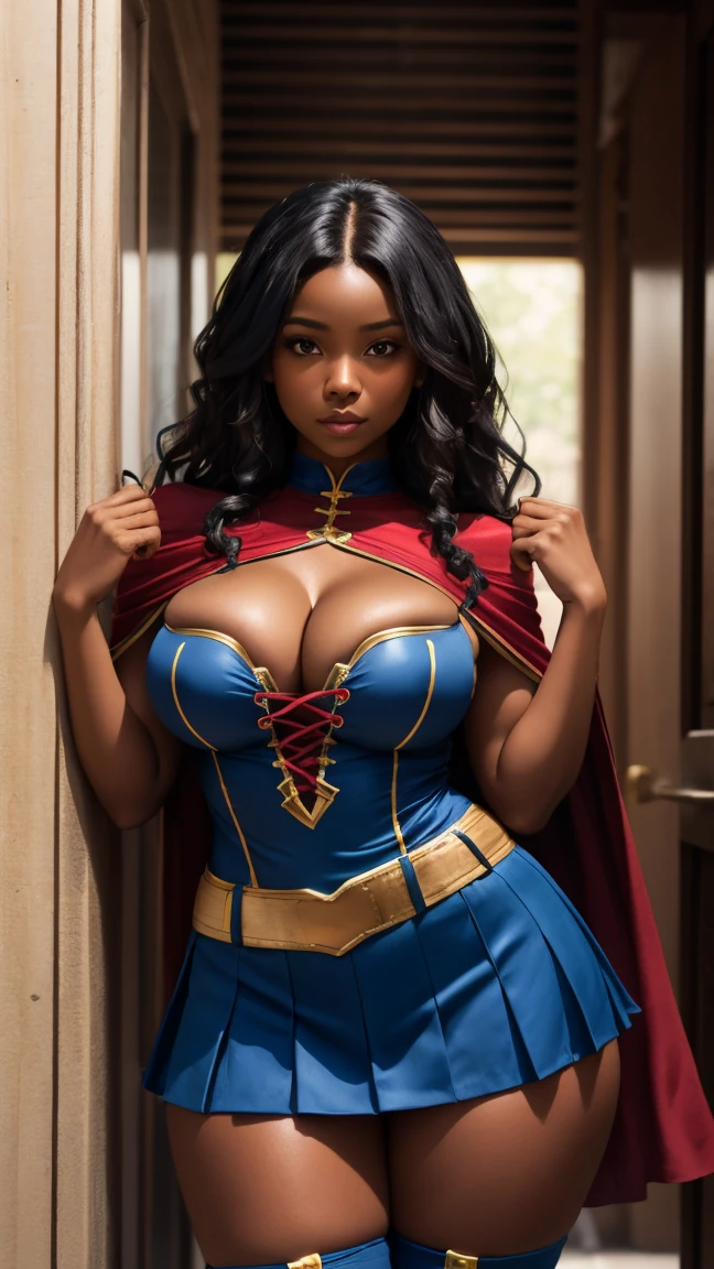 30 year old Ebony woman, wearing a one piece lace up front blue superheroine costume with red pleated mini skirt with yellow trim around cleavage, red matching capelet, blue and red gauntlets, blue and red superhero boots, yellow matching hems and trims, better center opening cleavage cutout, perfect cameltoe,  medium round perky breasts, long black curly hair and a perfect body, thick and curvy body, plus size model, keyhole cleavage cutout, dark skin, poking nipples, pleated mini skirt, touching her breasts in a sexy way