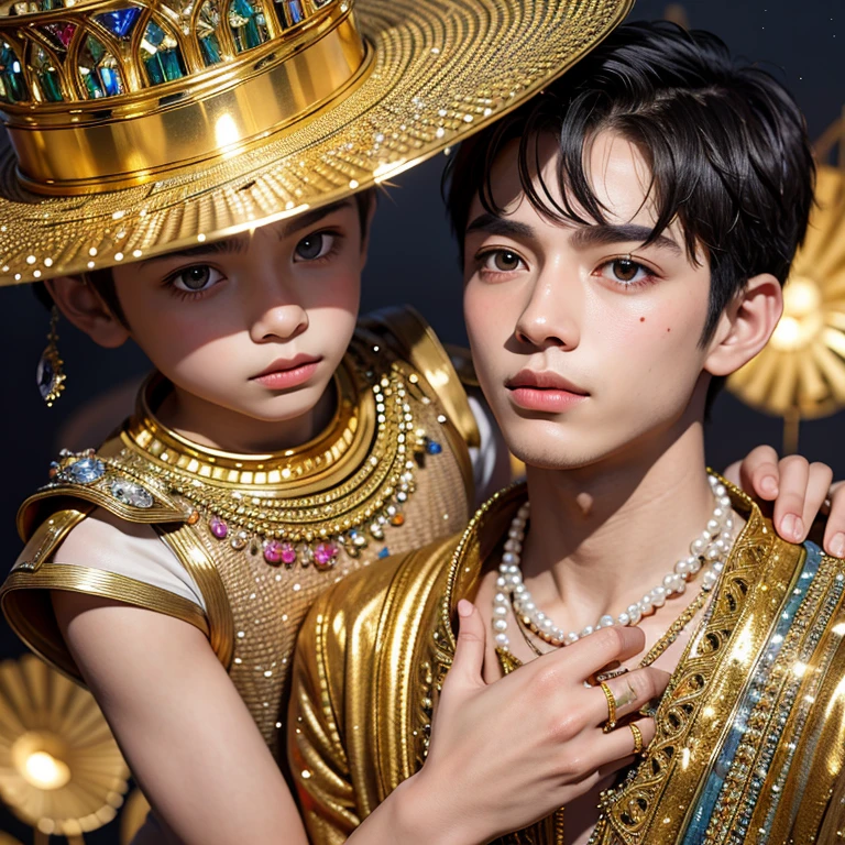  masterpiece fails,  high quality , Close-up of 2 boys against a background of sparkling jewels in artistic gold vessels, adorned with precious stones , diamonds , pearl , sun rays sparkle , reflecting off all this splendor , like laser beams , just fantastic !  very detailed ,  Colorful , The most detailed