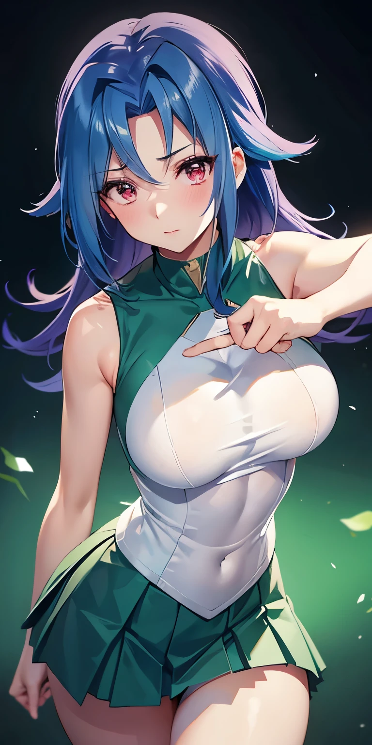 1 Female,High definition,high resolution,Ultra-realistic,8K, kr1, multicolored hair, dyed bangs, white shirt, sleeveless,  green skirt, tight skirt, miniskirt, pleated skirt, large breasts,European,sexy,Upper body close-up,Photographed from the front,Dynamic Angles,(blush), (medium tits) ,(pointing viewer),white panties , nipples 