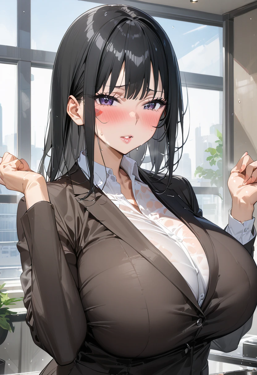 older women with big boobs、 sexy pose 、blush、 high definition、 office lady with straight black hair、 sunburn marks